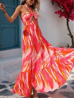 Pink Boho Women's Tie Dye Halter Dress with Cinched Waist and Split Hem